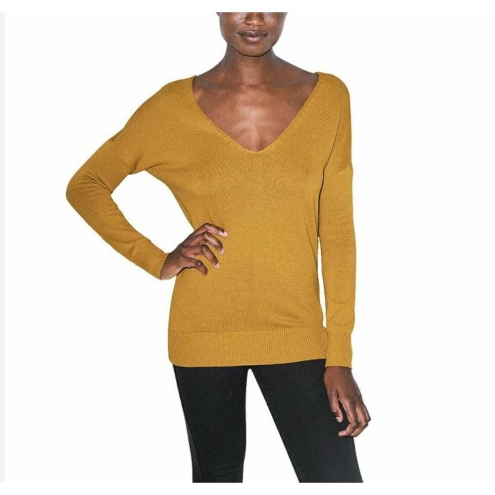 Lands' End Mustard Yellow Light-Weight Merino Wool V-Neck Pullover Sweater Sz S